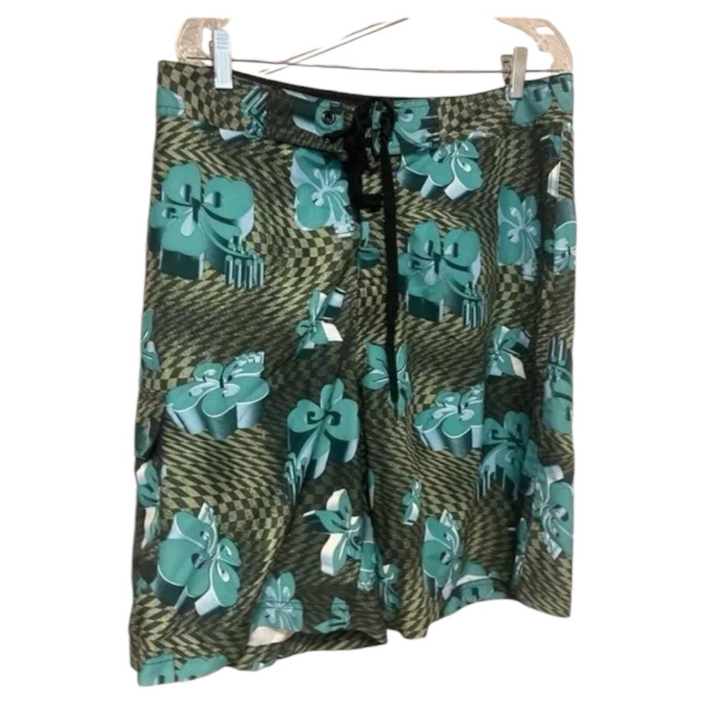 SIDEOUT Men's Forest Green w/Blue Hibiscus Flowers Tie Board SwimShorts-Size 34